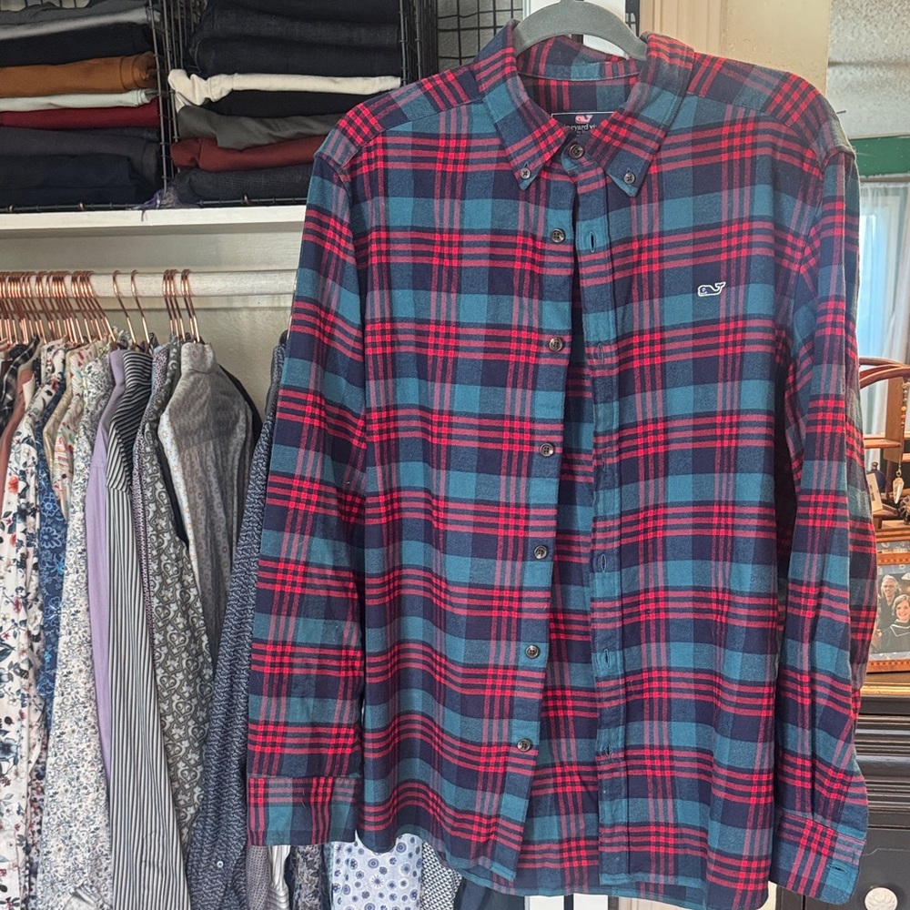 Vineyard Vines Men's Red and Blue Checkered flannel Shirt